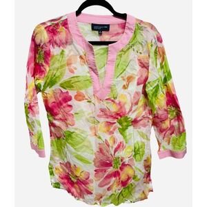 JONES NEW YORK Womens Cotton Blouse 3/4 Sleeve Floral Pastel Multicolor Size M